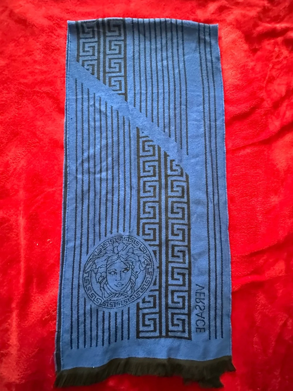 Versace Scarf Blue Black Wool Signature Medusa